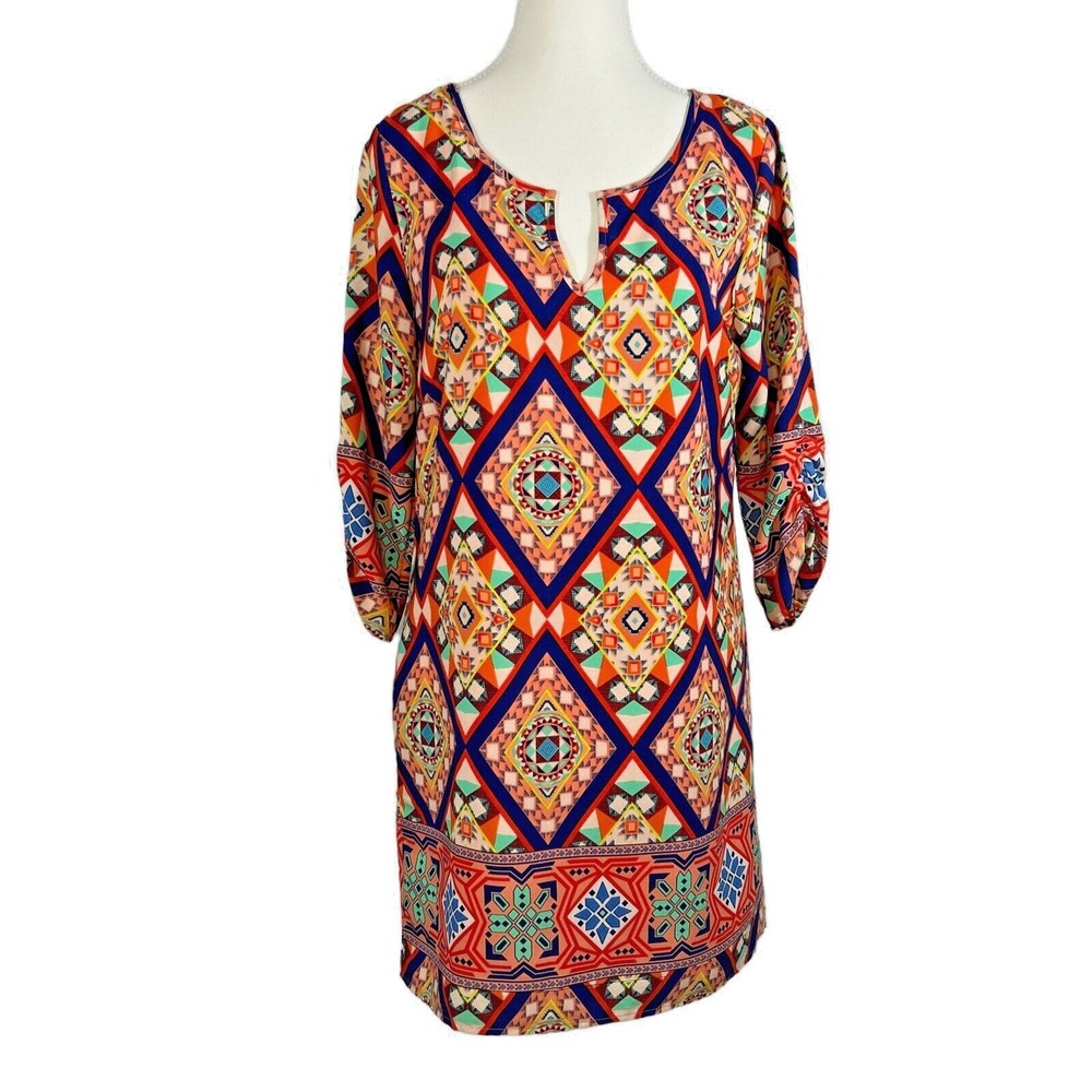 Pink Owl Boho Aztec Tunic Dress Multicolor Shift Small Women's‎ Festival Chic